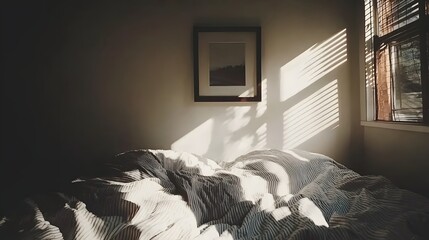 Cozy Bedroom with Soft Light Casting Shadows on Unmade Bed and Minimalist Artwork for Relaxing Atmosphere