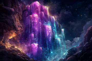 Fototapeta premium Vividly colorful fantastical scene portraying steps ascending to luminous crystal towers surrounded by mist and cosmic atmosphere. Captures a surreal and dreamlike mood in a fantasy world setting.