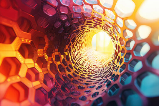 Abstract hexagonal tunnel, vibrant colors, glowing light at the end, futuristic and technological design. - Powered by Adobe