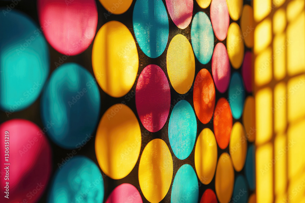 Poster Colorful polka dot fabric illuminated by sunlight casting shadows, creating a vibrant and playful texture.