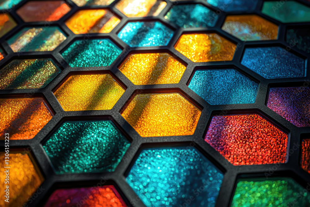 Poster a vibrant honeycomb pattern of colorful glass, illuminated by sunlight, creating a dazzling display 