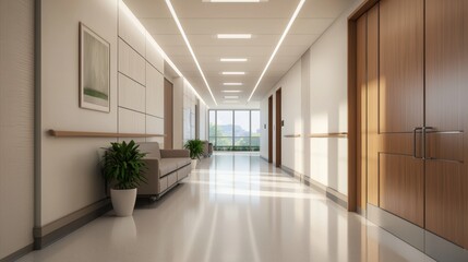 A modern hospital corridor featuring bright lighting, wooden doors, and potted plants, creating a welcoming healthcare environment.