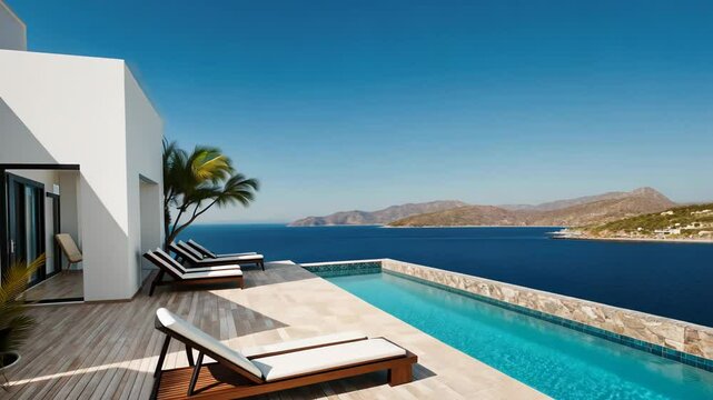 A pool with a white railing and a view of the ocean. There are several lounge chairs around the pool