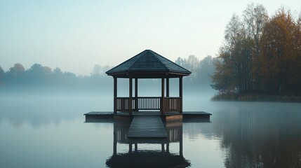 Fototapeta premium Serene gazebo on calm lake shrouded in morning mist.