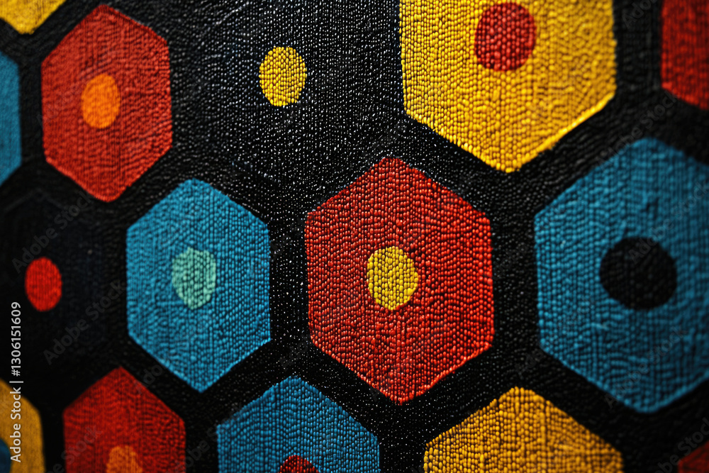 Poster Hexagonal pattern with colorful circles on a dark background, creating a vibrant and textured design.