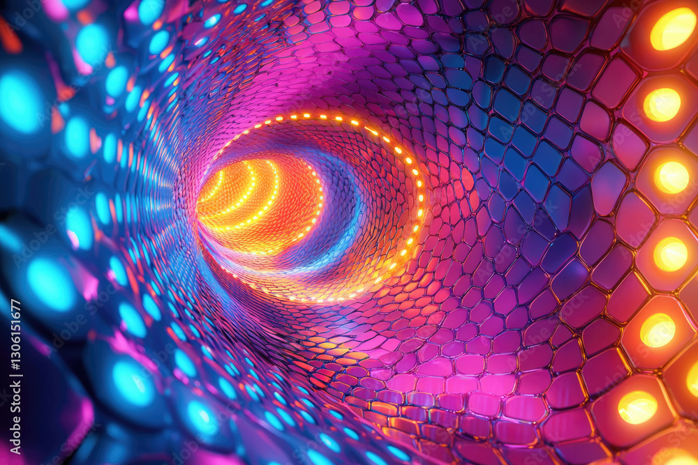 Poster neon-lit, iridescent tunnel with a scaly texture, vibrant colors creating a psychedelic effect.