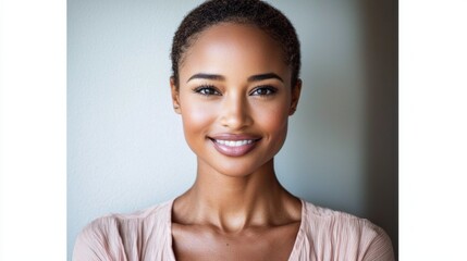 A close-up studio portrait of a woman in a soft pink shirt, smiling with glowing skin and expressive eyes, with sharp details and balanced lighting against a smooth grey backdrop