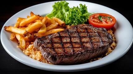 A delectable steak served with fries, lettuce, and tomato on a white plate.