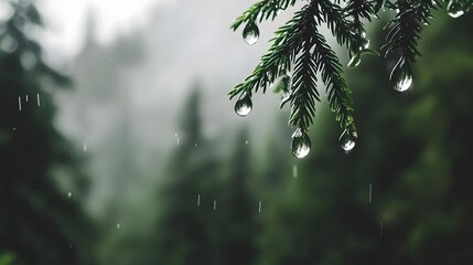 Obraz premium Dew Droplets on Pine Needle Leaves with Blurry Forest Background under Soft Rainy Atmosphere in Nature
