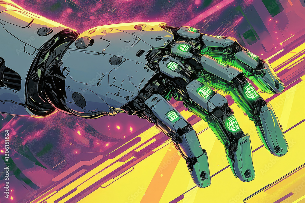 Poster a detailed close-up of a futuristic robotic hand, showcasing intricate mechanical details against a 
