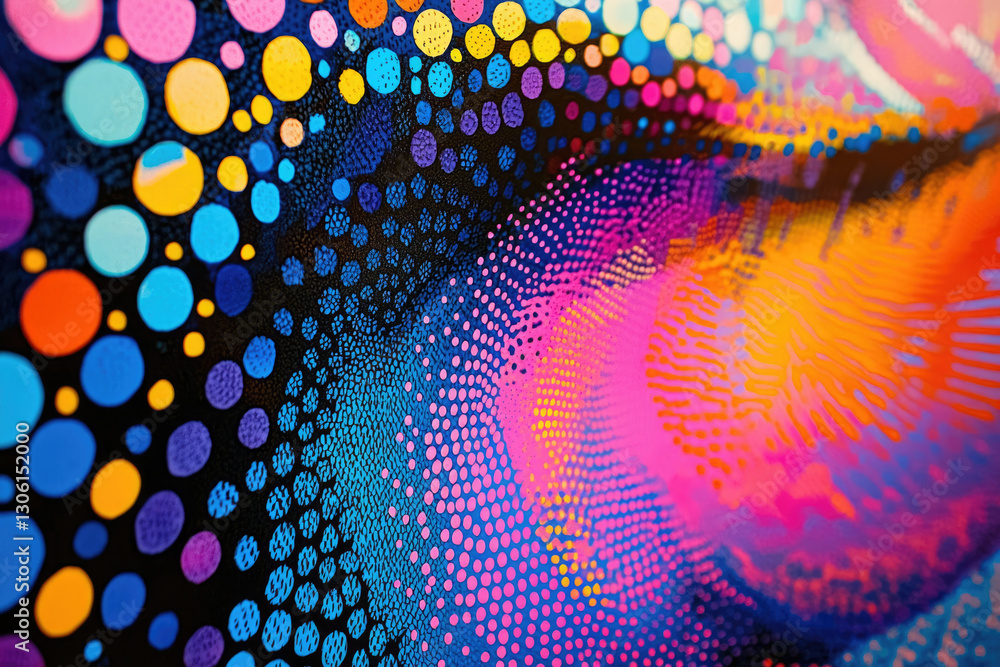 Poster vibrant abstract artwork featuring a dynamic blend of colorful dots and swirling patterns.