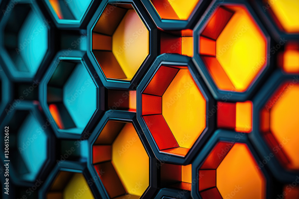 Poster Abstract 3D render of interconnected hexagons with vibrant orange and teal color gradients.