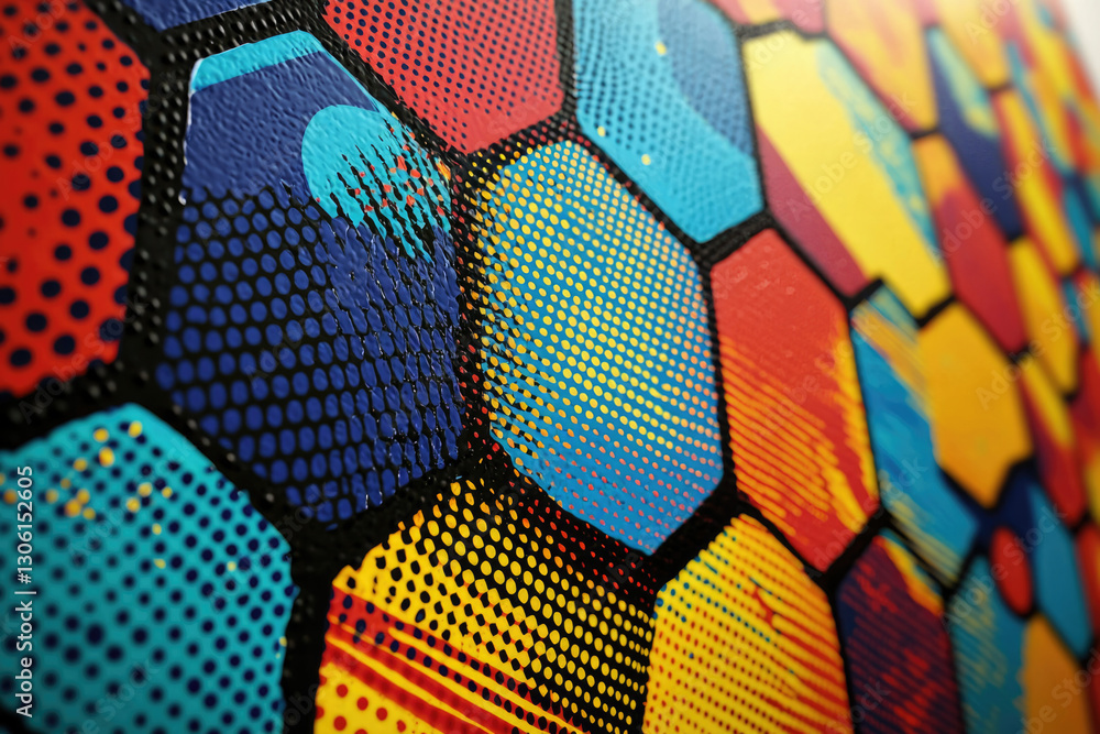 Poster Vibrant hexagonal pattern in pop art style, featuring bold colors and halftone dots.