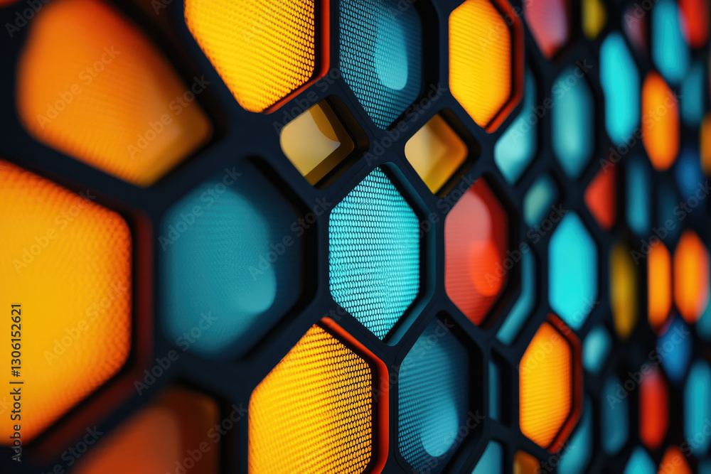 Poster abstract hexagonal pattern with vibrant orange, teal, and red illuminated cells.