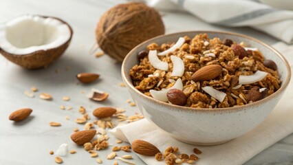 Granola crunch healthy. Healthy coconut almond granola breakfast option, light and toasted, ideal for gourmet meals. Healthy Gourmet breakfast.