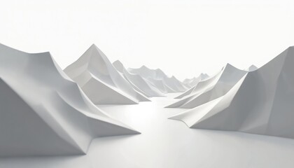 Fototapeta premium Abstract polygonal mountain landscape. White, grey 3D geometric shapes, modern minimal design. Clean digital art, futuristic illustration style. Empty space surface, bright light, soft shadows,