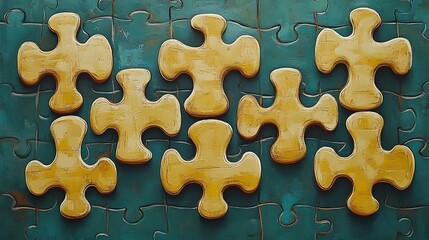 Golden puzzle pieces neatly arranged on teal background create a serene visual aesthetic.. AI Generated
