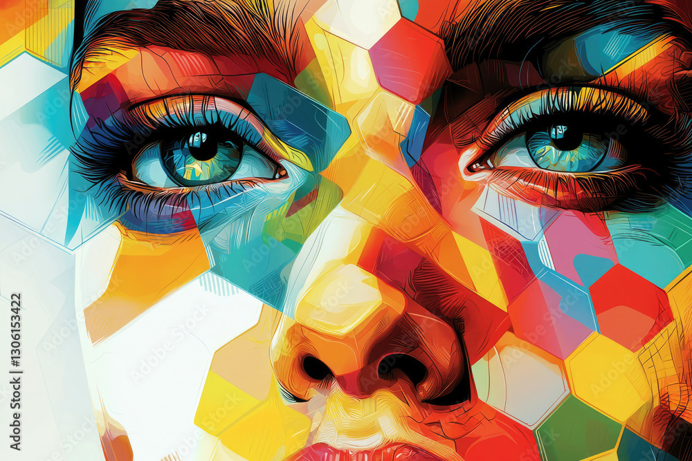Poster vibrant abstract portrait of a woman's face, featuring colorful geometric patterns and expressive ey