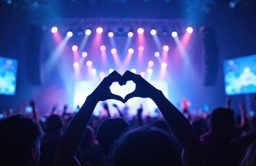 Silhouette of crowd at music concert. Hands forming heart shape in foreground. Stage lights. People enjoy show, artist performance in hall, celebrating music festival, entertainment event.
