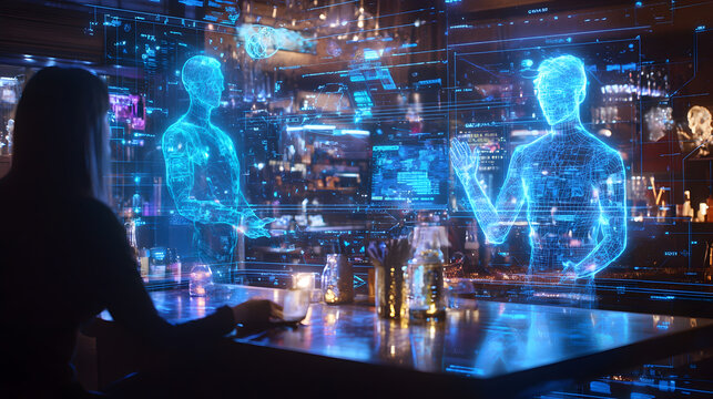 Futuristic interaction between holographic avatars and user in a modern bar digital art evening immersive technology