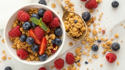 Granola crunch healthy. Healthy granola with fresh berries, rich in antioxidants, perfect for a gourmet breakfast. Healthy Gourmet breakfast.