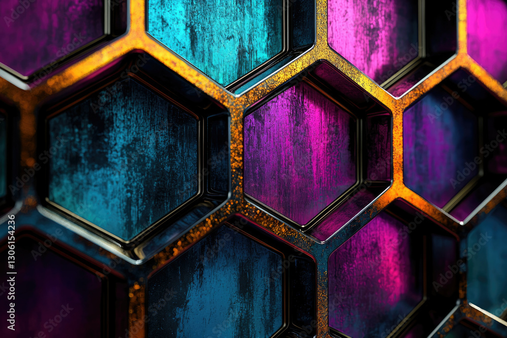 Poster abstract hexagonal pattern with metallic texture in vibrant teal, purple, and gold.