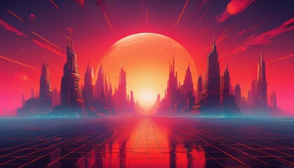 Obraz premium A stunning abstract futuristic city skyline with retro sci-fi vibes, featuring towering structures, neon lights, and a dynamic, otherworldly atmosphere. 