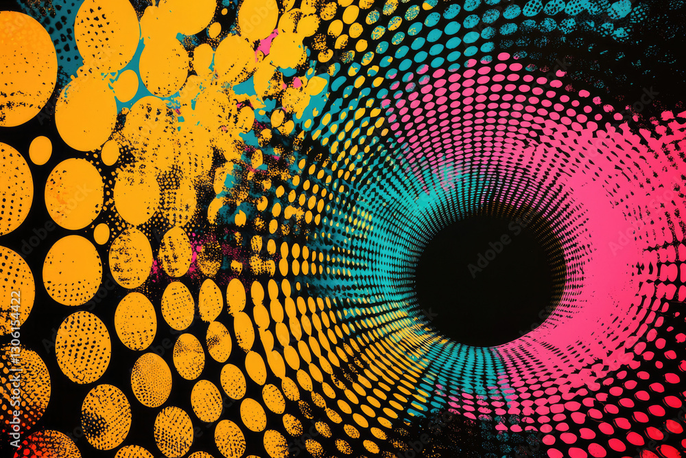 Poster abstract art featuring a swirling tunnel of vibrant, multicolored dots and textured grunge elements.