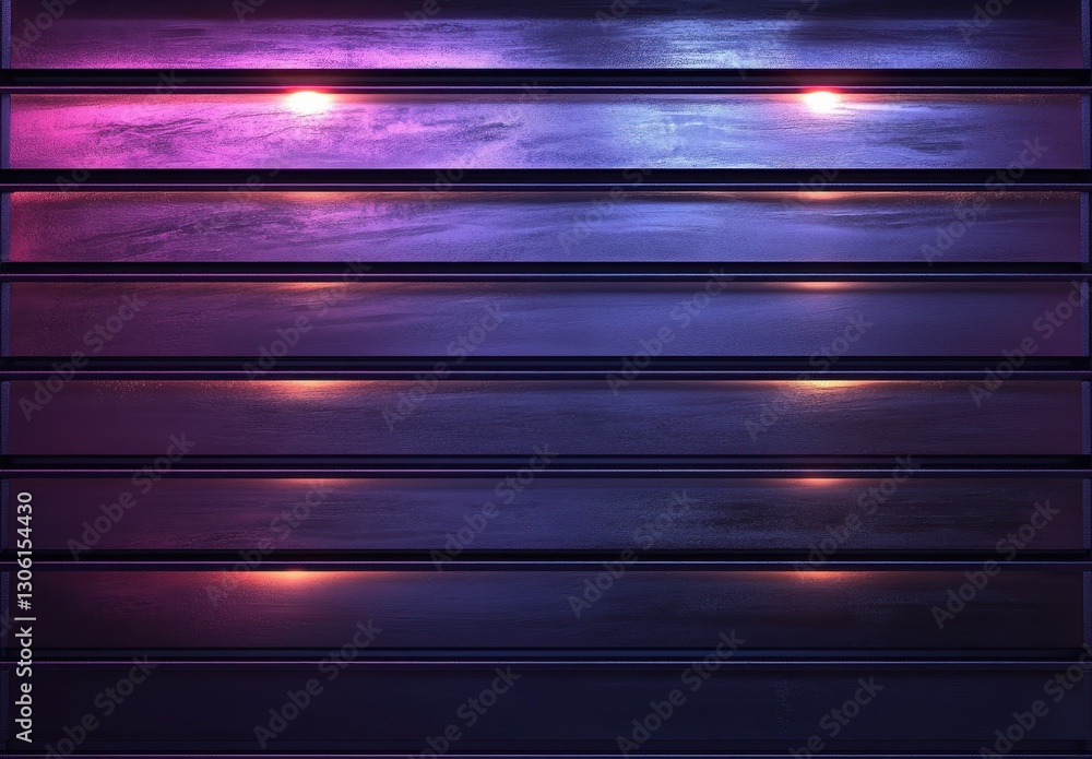 Poster abstract background with colorful led lighting illuminating horizontal metallic panels creating a mo