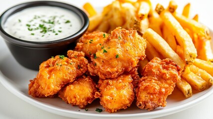 Delicious Fried Chicken Bites and Golden French Fries with Creamy Dipping Sauce on a White Plate A Tempting Close-Up Shot showcasing crispy textures and flavorful presentation, perfect for food