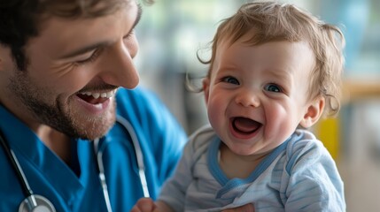 A joyful doctor is smiling at a happy baby, showcasing a warm and caring moment in a healthcare setting.