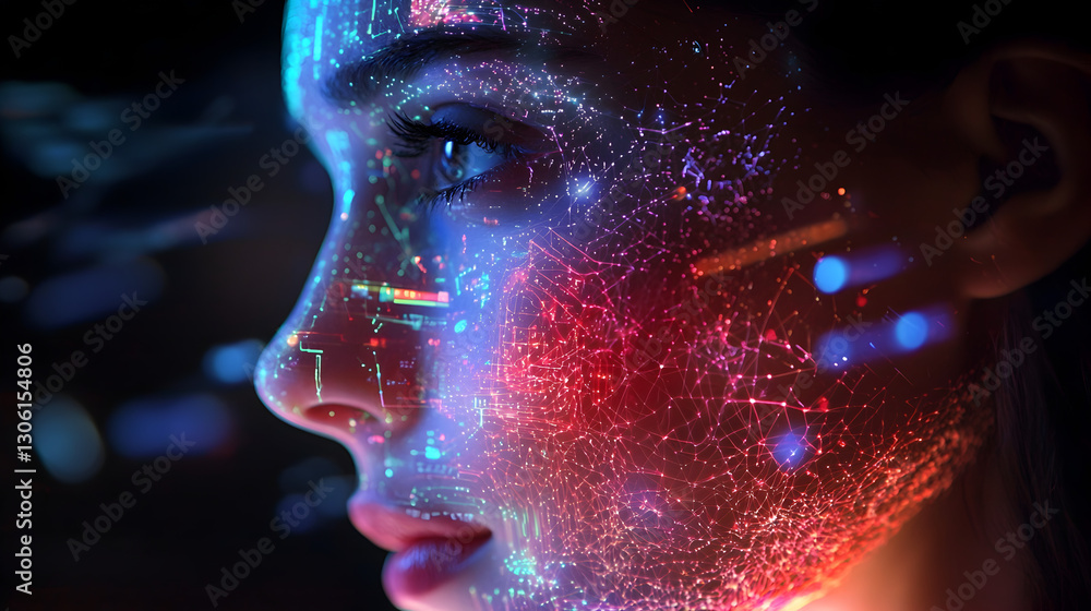 Poster exploring digital identity a portrait of a woman with futuristic projections studio setting artistic