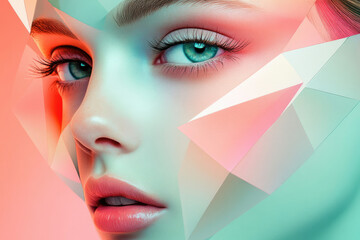 Close-up of a woman's face, partially obscured by geometric shapes, showcasing vibrant makeup and striking eyes.