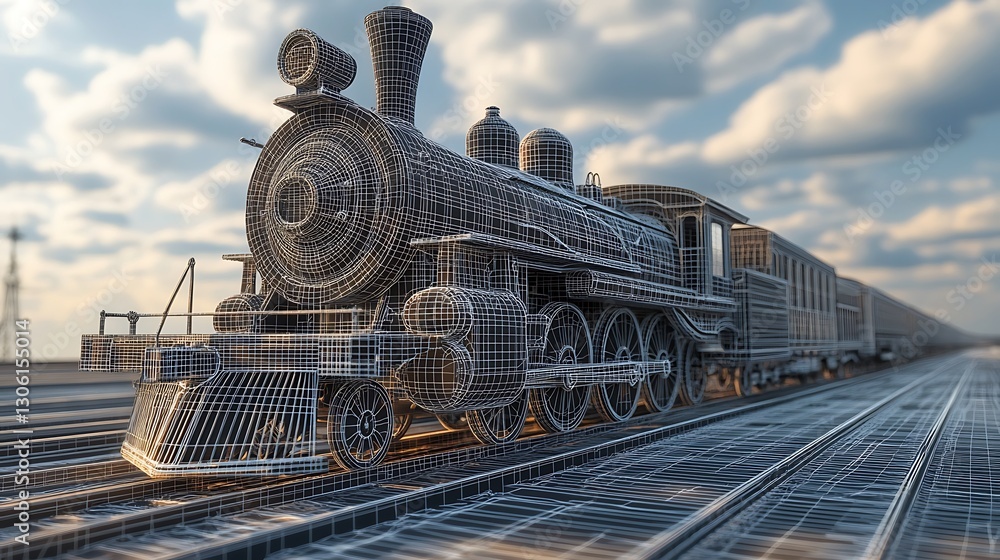 Poster train wireframe model on railroad tracks with sky and clouds