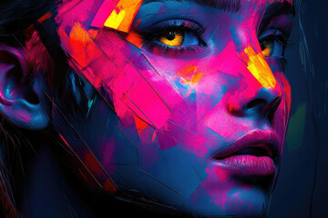 Abstract portrait of a woman with vibrant, colorful paint strokes across her face.