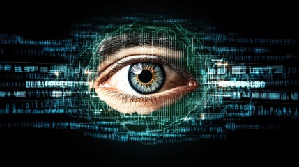 Human eye with a futuristic digital interface overlay displaying data and analytics in the background