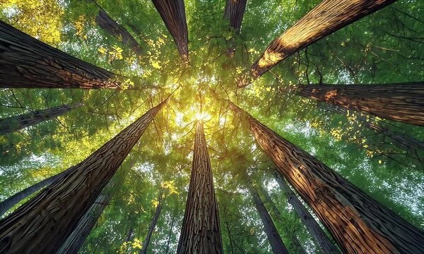 Looking up towards the sky, tall redwood trees create a natural sunlit forest canopy.