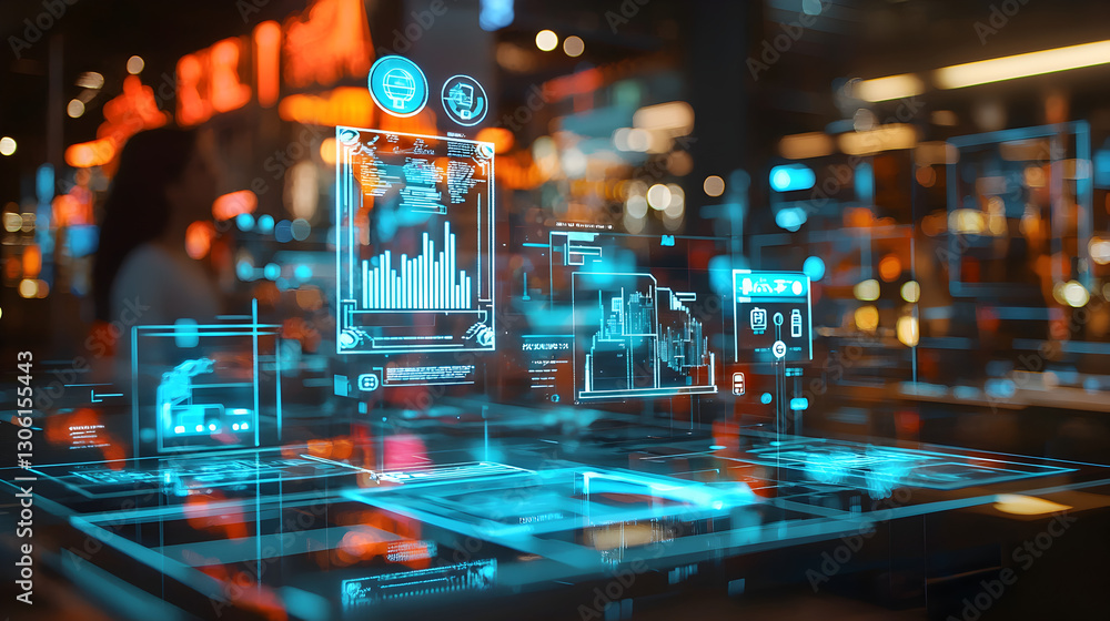 Poster data visualization event showcasing technology innovations in a modern urban environment with a futu