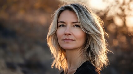 Fototapeta premium Portrait of a Confident Woman with Natural Beauty in Soft Sunset Light