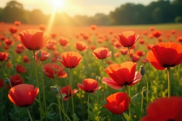Sunbeams illuminate a sea of poppies, swaying gently , scenic, field
