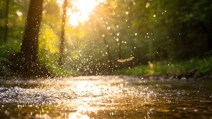 Glowing Sunlight Through Trees Over Sparkling Stream with Water Droplets and Dragonfly in Soft Morning Light