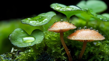 Delicate Forest Scene with Tiny Mushrooms and Green Leaves Covered in Water Droplets in Natural Environment