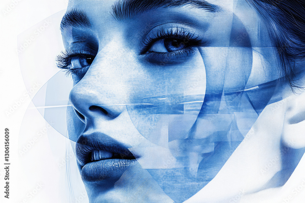 Poster abstract portrait of a woman's face, layered with translucent blue shapes, creating a dreamy and sur