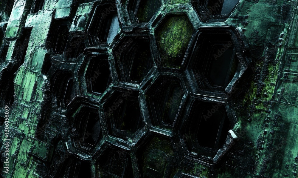 Poster dark green hexagonal metallic sci-fi wall background for texture or design