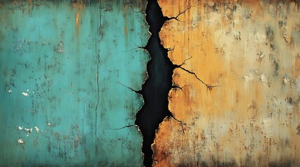 Abstract Teal Orange Cracked Wall Texture. AI Generated