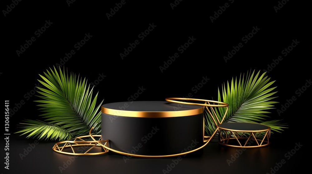 Poster a black and gold table displayed with lush palm leaves creating a luxurious tropical atmosphere in a