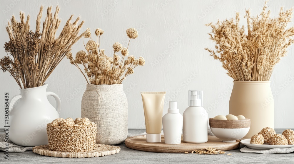Poster a stylish table adorned with various elegant vases and bottles creating a chic home decor display in