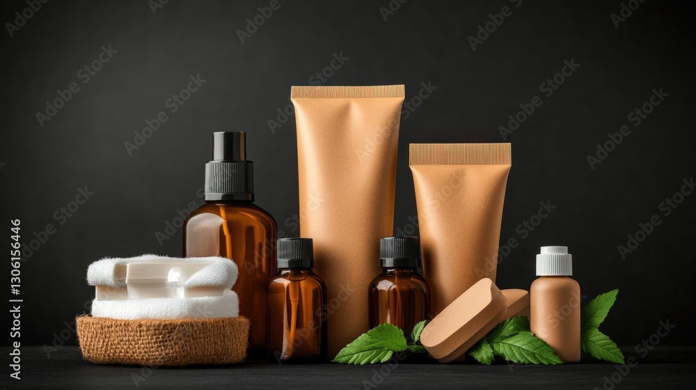 Poster a comprehensive collection of various skin care products displayed neatly on a light background for 