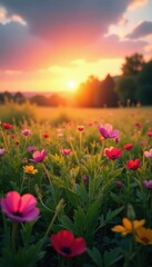 Obraz premium Sunrise hues splash across blooming meadow, vibrant colors , light, colors