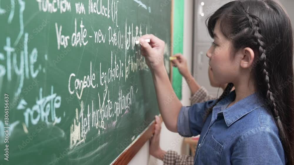 Poster skilled asian girl writing engineering prompt and programing system while standing blackboard with g